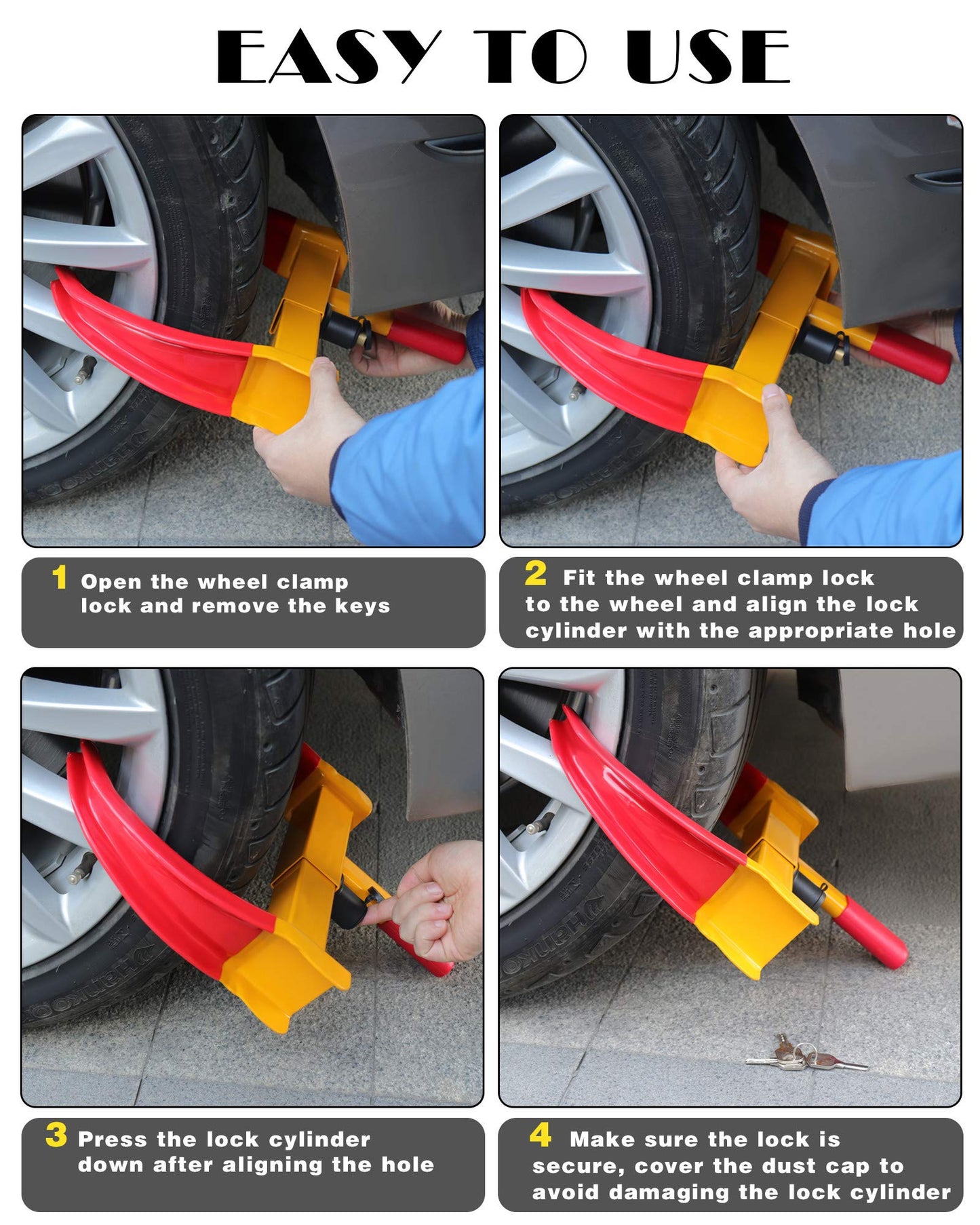 Tevlaphee Universal Wheel Lock Heavy Duty Security Trailer Wheel Lock Anti Theft Wheel Locks for Cars SUV Camper Motorcycle Trailer Great Deterrent Bright Color with 3 Keys (Red-Yellow)