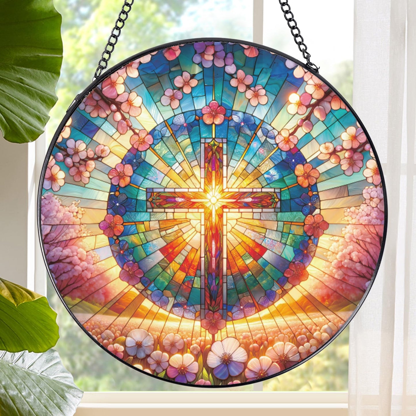 Rngmsi Cross Stained Glass Window Hanging, 7.8â³ Sun Catchers with Hook Indoor Window Decor, Decorative Suncatchers Home Garden Art Gift for Thanksgiving Christmas Housewarming