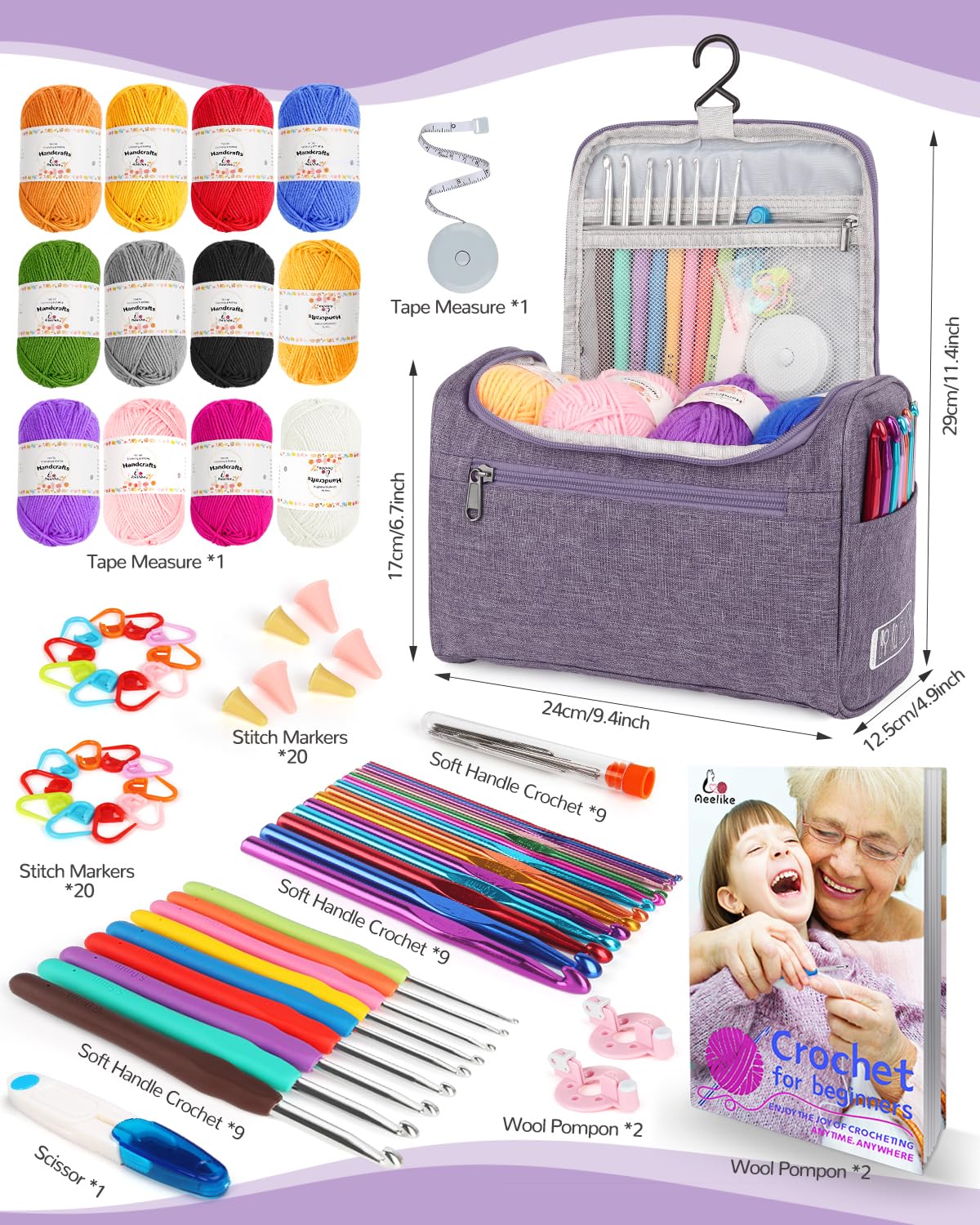 Aeelike Crochet Kit for Beginners Young and Old, First Crochet Kit for Adults Include 23pcs Crocheting Hooks, 655 Yards Yarn Set, Instruction, Bag, Crocheting Accessories and Supplies, Purple