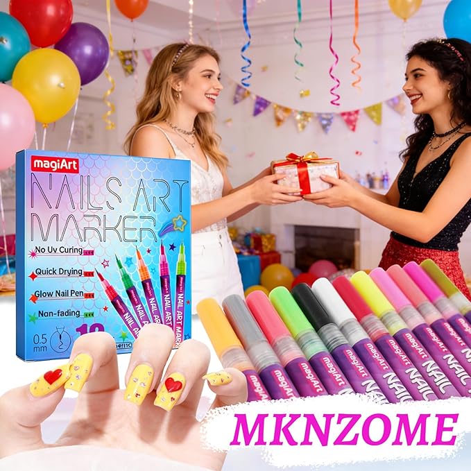 12 Color Nail Art Pens, Neon Nail Markers Set 0.5 MM Fine Tip Nail Polish Pens Drawing Painting Point Liner Painted Pen Kit, Waterproof DIY Nails Art Design Manicure Tools