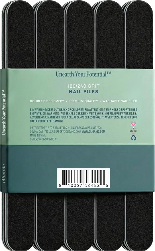 Cliganic 20 Pack Nail File Set: 180/240 Grit | Professional Emery Boards for Natural, Gel & Acrylic Nails | Washable Double Sided Kit 20 Count (Pack of 1)