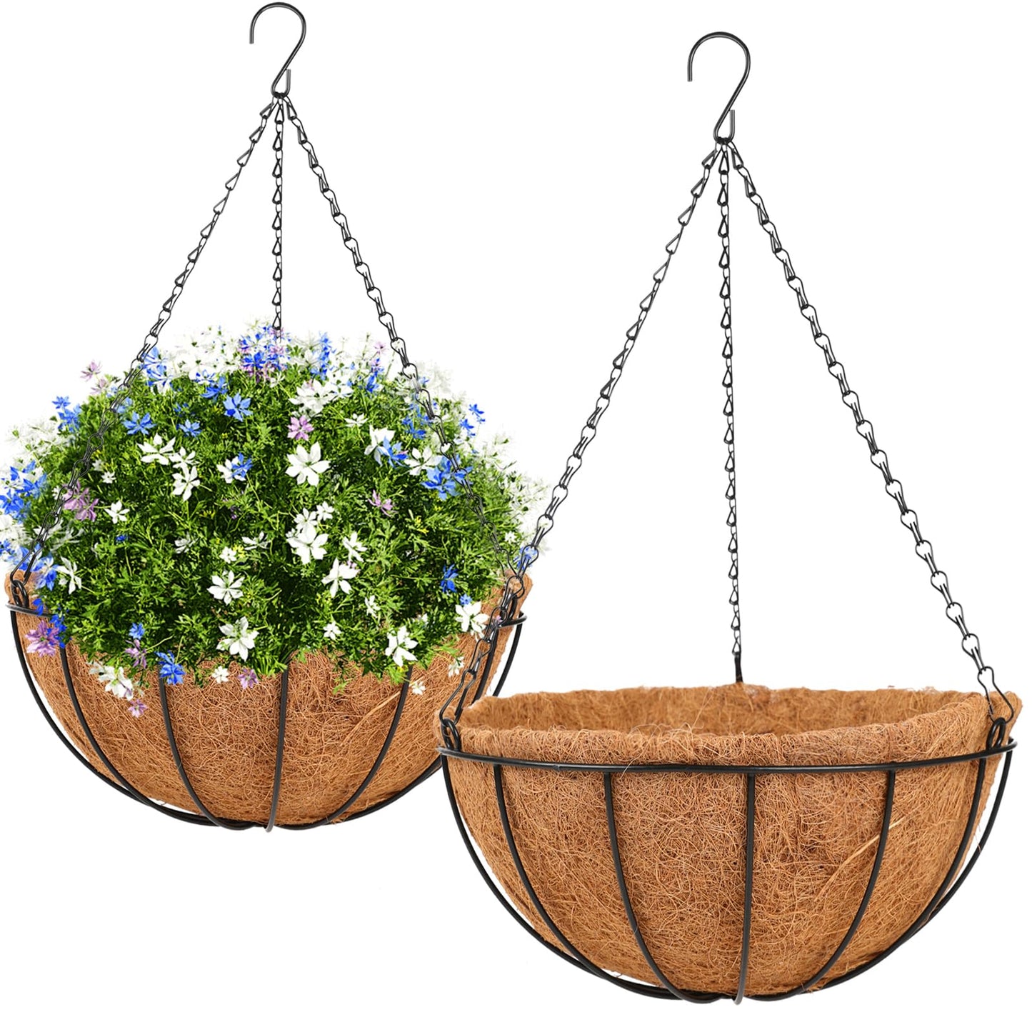HKZ Hanging Basket Planter Plants Outdoor - 2 Pack 10 Inch Metal Hanging Planter with Coco Liners, Chain Hook Hanging Flower Pots for Indoor Outdoor Garden Porch Decoration