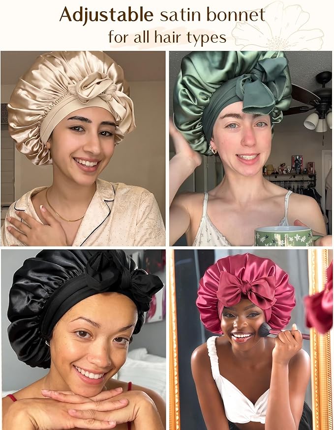 YANIBEST Adjustable Satin Bonnet for Sleeping Women Double Layer Hair Wrap Reduce Friction Prevent Frizz Natural Curly Hair