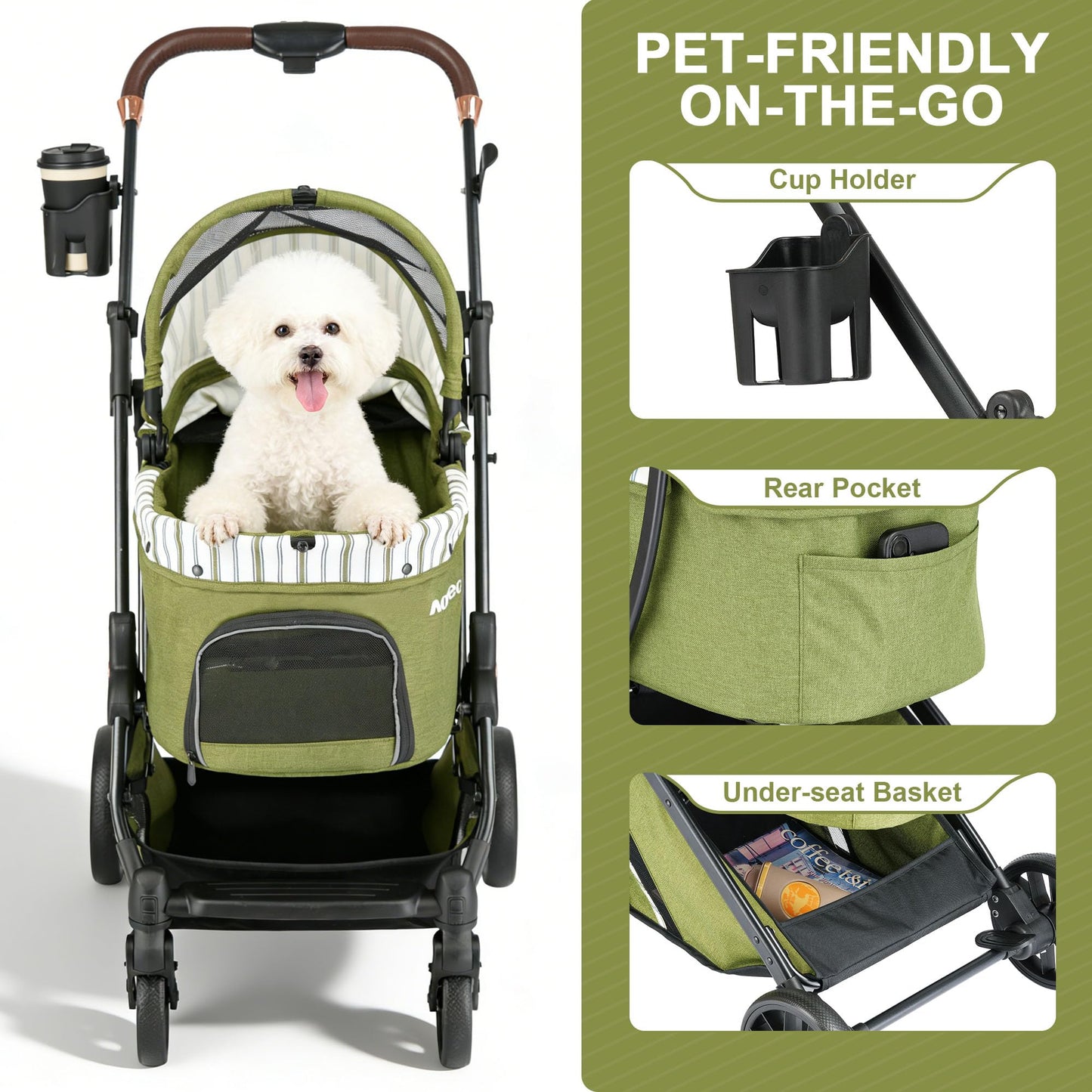 AOPEC Pet Stroller for Small Dogs & Cats – Easy One-Hand Fold, Supports Up to 35 lbs – Green