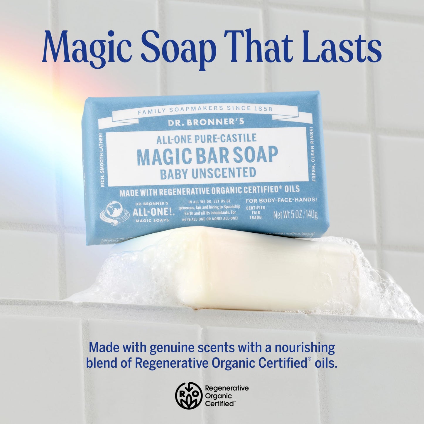 Dr. Bronner's Pure-Castile Magic Bar Soap (Baby Unscented, 5 oz, 6-Pack) - Made with Regenerative Organic Certified Oils, For Face, Body & Hair, Gentle for Sensitive Skin - Vegan, Non-GMO
