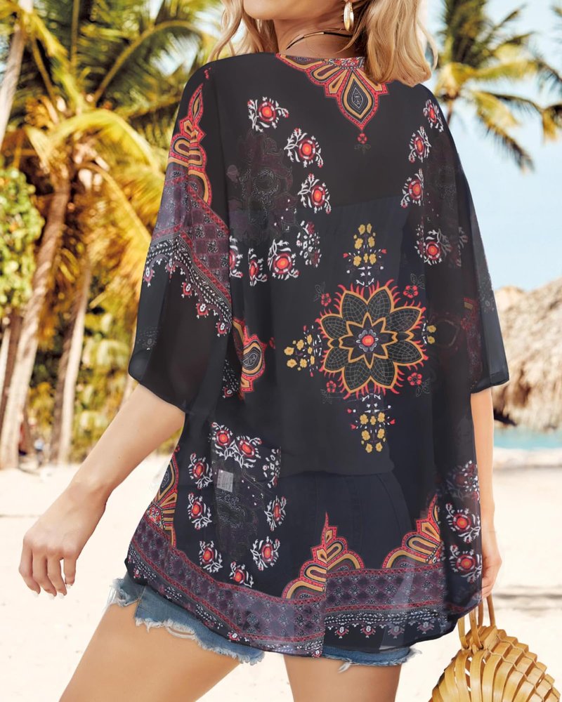 Womens Kimonos Beach Cover Up Chiffon Cardigan Floral Blouse Loose Fit Cape Top Summer Resortwear(Orange Black,3XL)