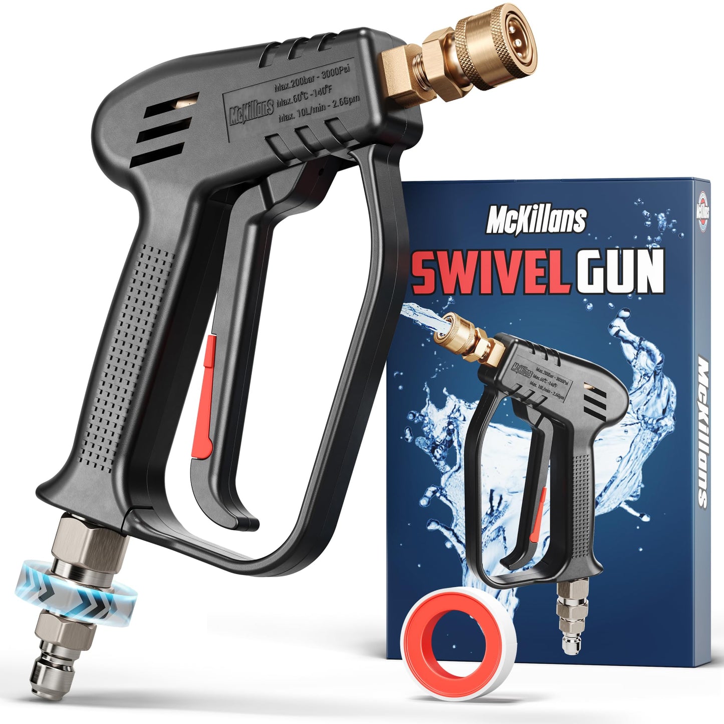 McKillans® Short Pressure Washer Gun with Swivel - High Pressure Water Handle with 3/8" Male Plug and 1/4â Quick Connector Coupler - Power Washer Gun Compatible with Foam Cannon - Car Wash Foam Gun