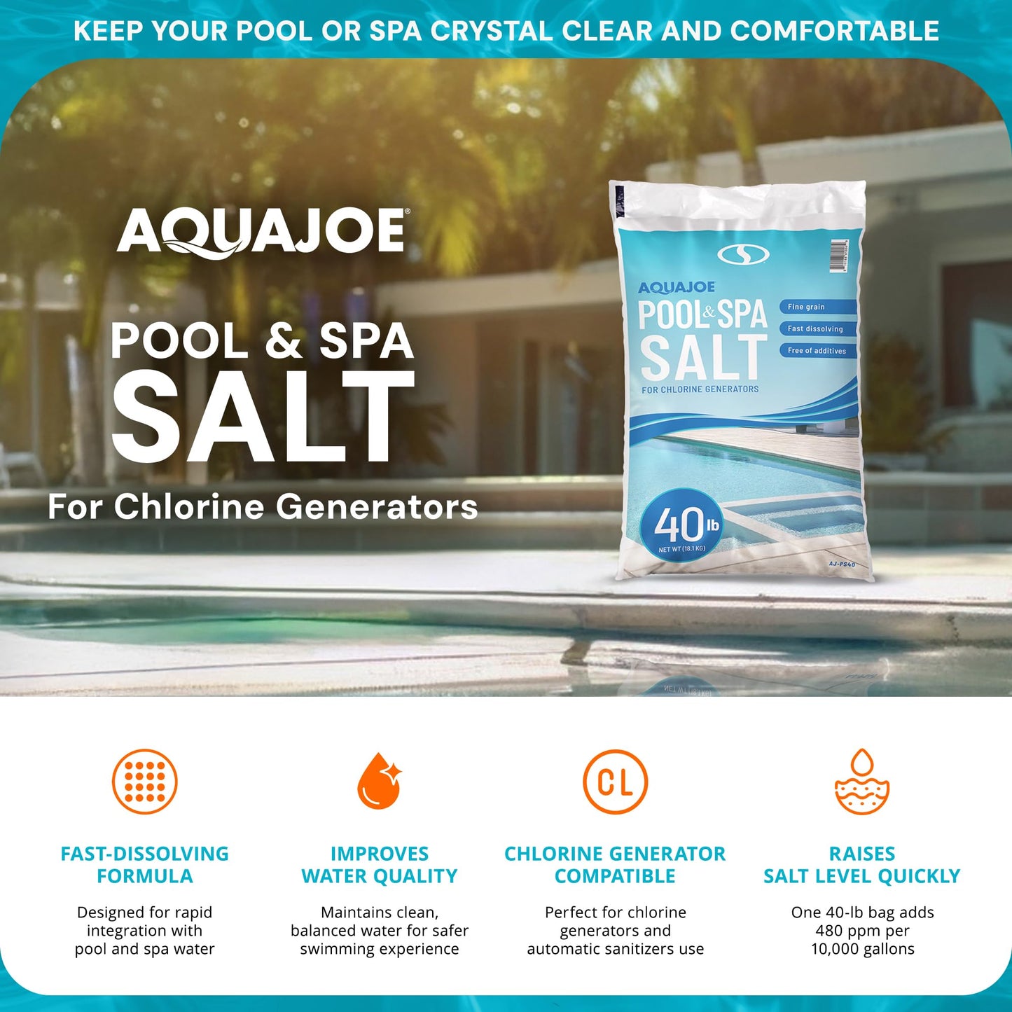 Aqua Joe 5 Pack 40 Lb Fast Dissolving Pool Spa Salt Chlorine Generators, AJ-PS40
