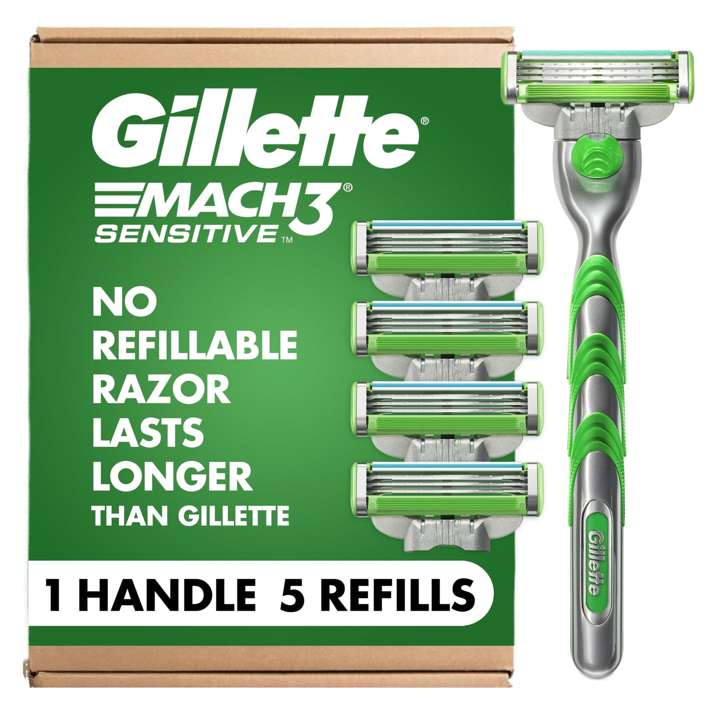 Gillette Mach3 Sensitive Shaving Razor for Men, 1 Handle and 5 Blade Refills, for Sensitive Skin