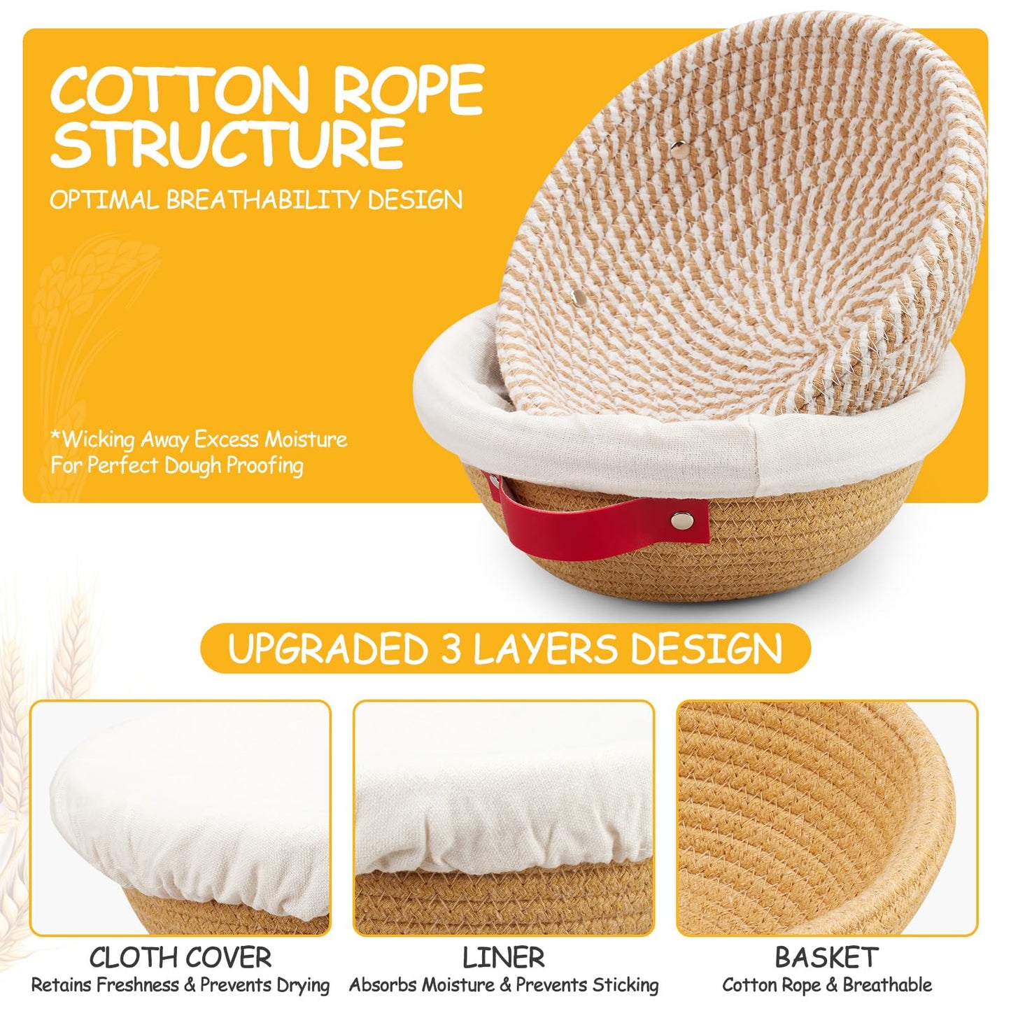 Dimpola Banneton Bread Proofing Basket - Cotton Banneton Basket Set of 2 Sourdough Proofing Basket Round Proofing Bowls Handmade Rattan Baskets and Liners