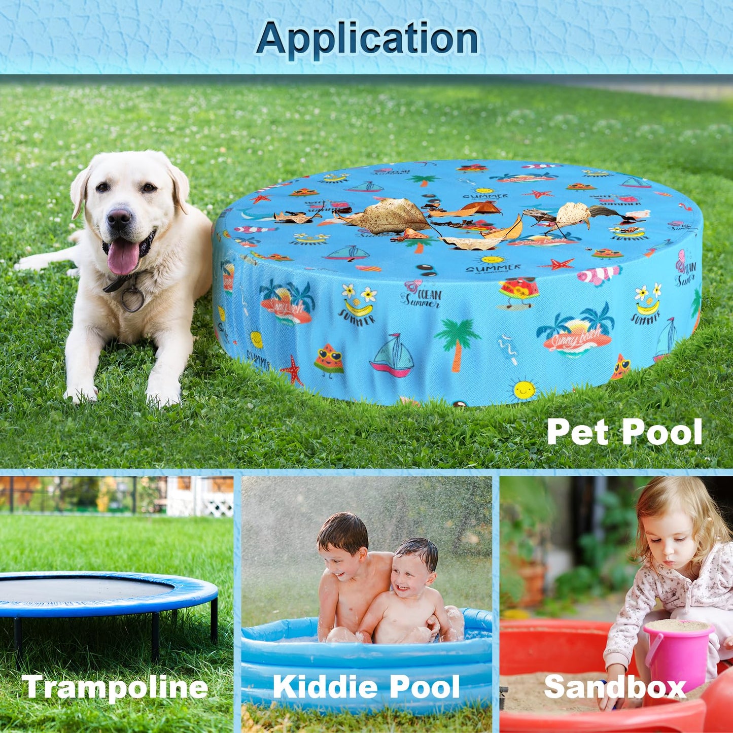 Docuwee Round Pool Cover 48", Foldable Kiddie Solar Cover Fit Dog Swimming Pool, Pets Kids Bath Tub, Anti-UV Dustproof Safety Pool Covers with Summer Beach Patterns