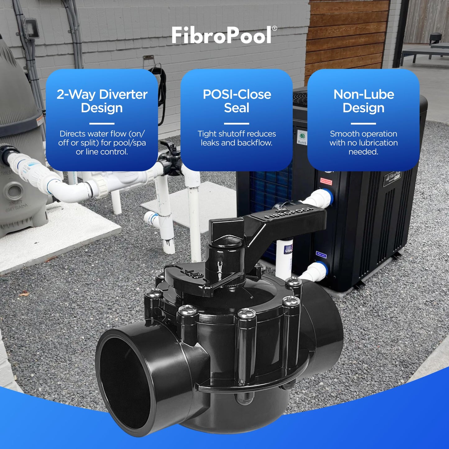 FibroPool 2 in 2-Way Pool Diverter Valve - CPVC Posi-Close Slip - Lubeless PTFE - Heater Salt Generator & Spa - NSF/ANSI 50 Certified