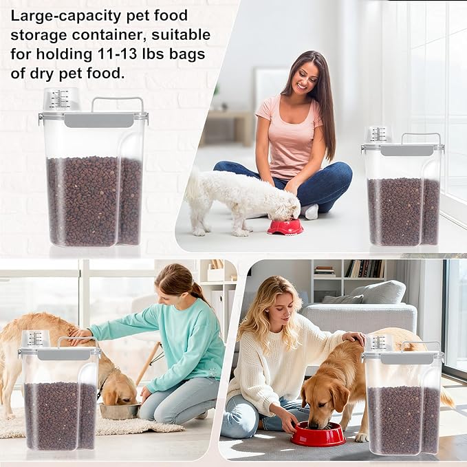 10-13 Lbs Upgrade Capacity Dog Cat Food Storage Container, Pet Dog Treat Container, Airtight, Clear Bucket Body, With 2-Cup Scoop, Handle, Large Nozzle, 4-Safety Buckles, Easy to Clean, Gray