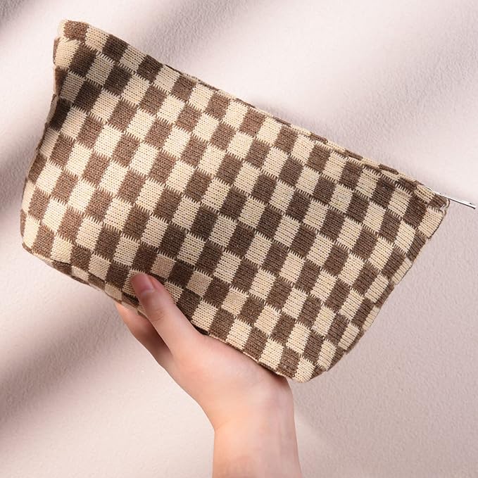 SOIDRAM 2 Pieces Makeup Bag Large Checkered Cosmetic Bag Capacity Canvas Mix Travel Toiletry Bag Organizer Cute Makeup Brushes Aesthetic Accessories Storage Bag for Women, Checkered Mix Brown