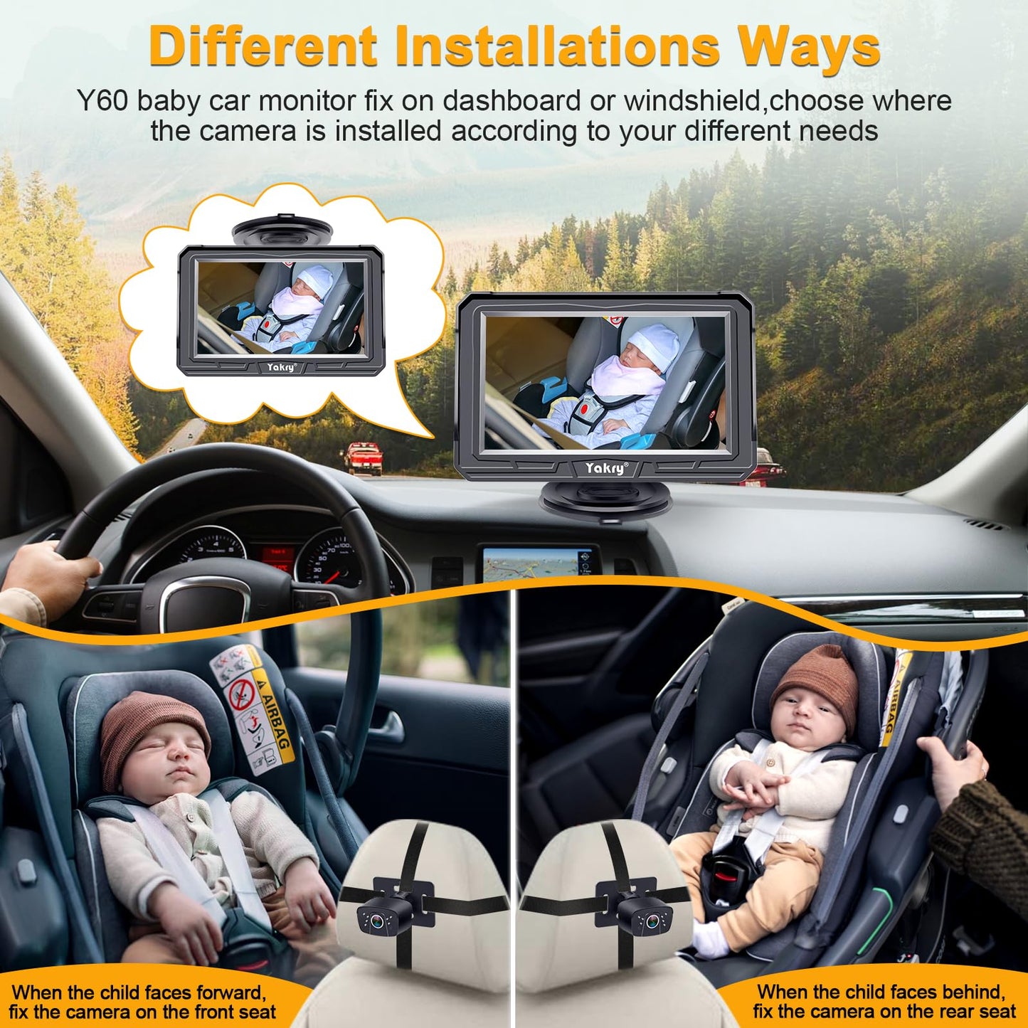 Yakry Baby Car Camera for Backseat - HD 1080P, 170° Wide Angle, Night Vision, 360° Rotation, Safe for Babies, Easy Install, Rear-Facing Baby Car Mirror for Parents Y60