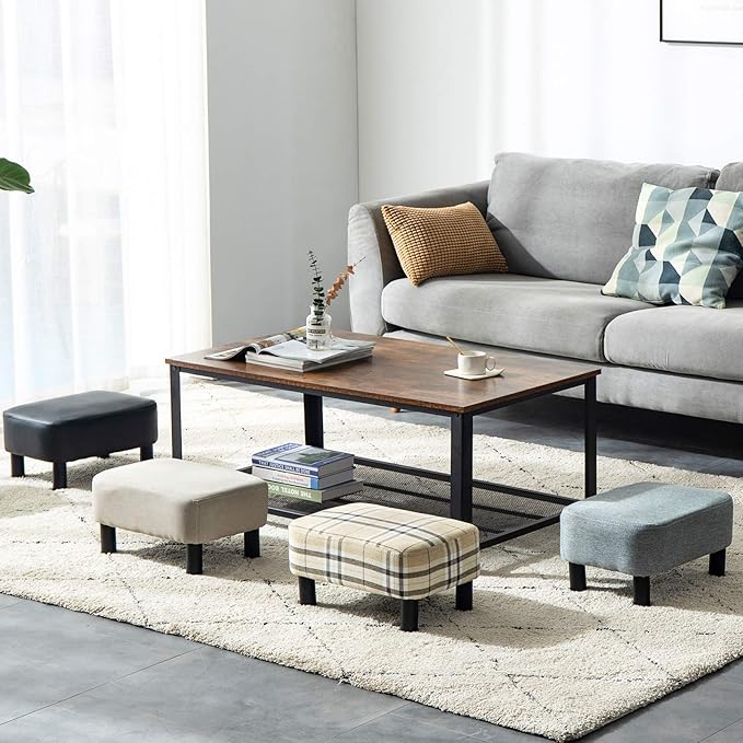 IBUYKE 16.54" Small Footstool, Linen Fabric Pouf, with Padded Seat Pine Wood Legs and Padded Rectangular Stool, for Bedroom, Linen RF-BD213