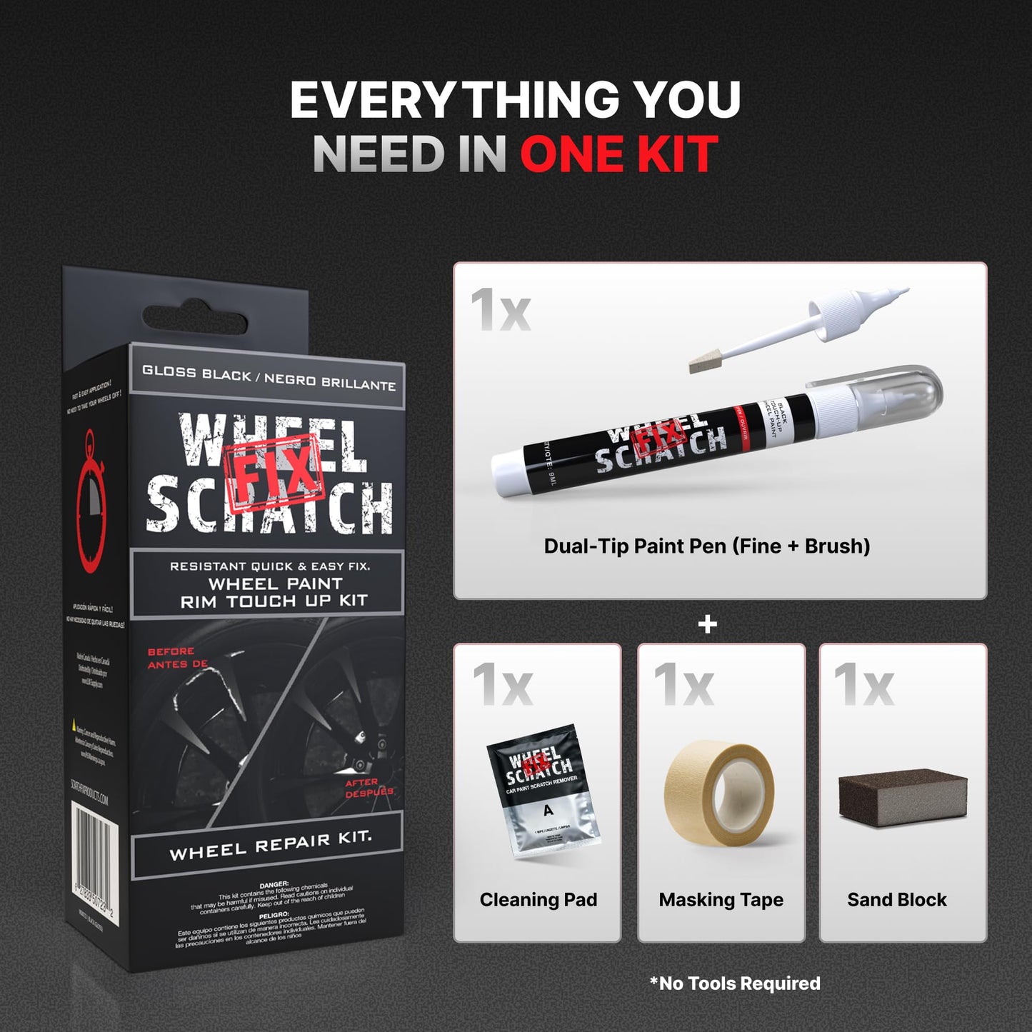 Wheel Scratch Fix® Gloss Black Touch Up Paint for Cars - DIY Alloy Wheel Repair Kit, Curb Rash Remover with Fast-Drying Pen - Long-Lasting OEM Finish Car Rim Paint for Scuffs and Chips at Home (Gloss Black)