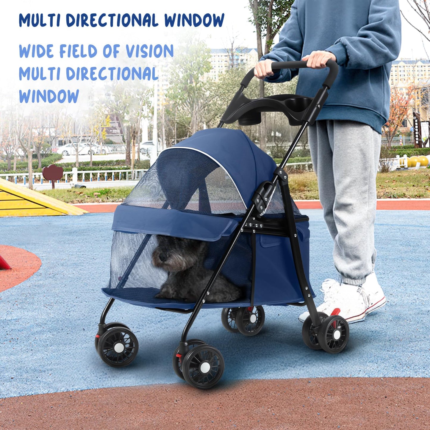 sxvbdway 4 Wheels Pet Stroller for Medium Small Dog up to 50lbs, Dog Cat Stroller, Outdoor Travel Pet Folding Strollers, Cat Cage Strollers with Cup Holder, Breathable and Visible Mesh (1 Set-Blue)