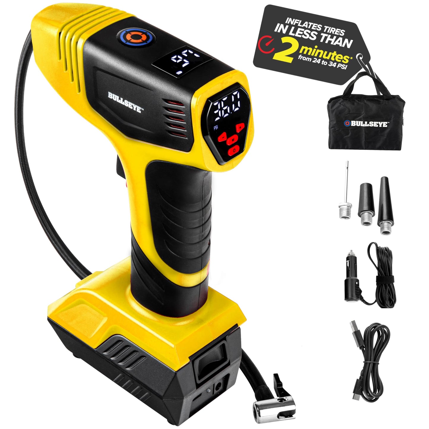 Bullseye Pro Tire Inflator Portable Air Compressor, Car Tire Inflator Portable, Portable Air Pump for Car Tires - 150PSI, 12V DC 1500 mAhs with Tire Pressure Gauge, Rechargeable As Seen On TV(Blue)