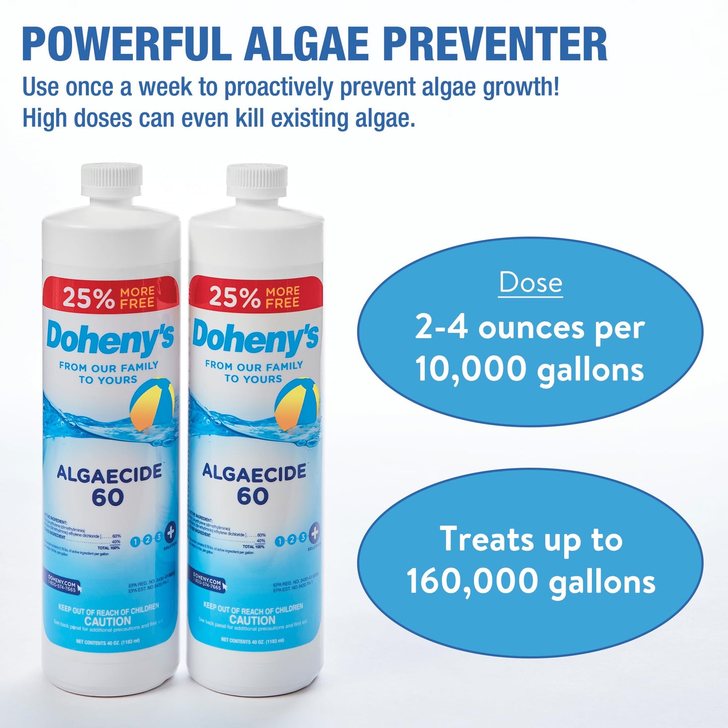 Doheny's Algaecide 60 | Pro-Grade, Metal-Free & Non-Foaming | Prevents All Algae Types | No Stains, No Clouding | Safe for Salt, Chlorine & Bromine Pools | Treats 160,000 Gallons | 40oz