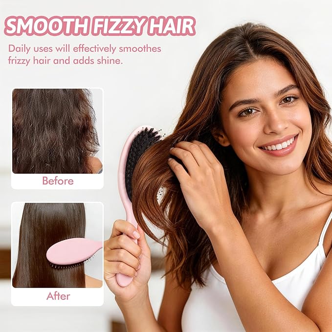 Boar Bristle Hair Brush for Women Men - Gentle Detangling Paddle Brush Pink with Nylon & Boar Bristles, Smoothing, Massage & Shine, Reduces Frizz, for Curly, Thick, Thin, Wet or Dry Hair & Extensions