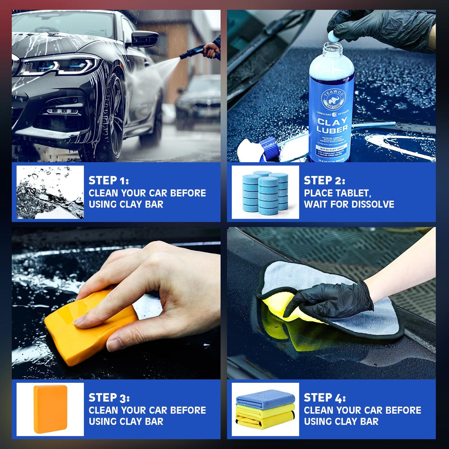 TEAWOO Clay Bars Kit, 6 Clay Bars & 20 PCS Lubricant Tablets, Complete Car Detailing Kit, Spray Bottle, Disposable Gloves and Microfiber Towels for Car Detailing Cleaning