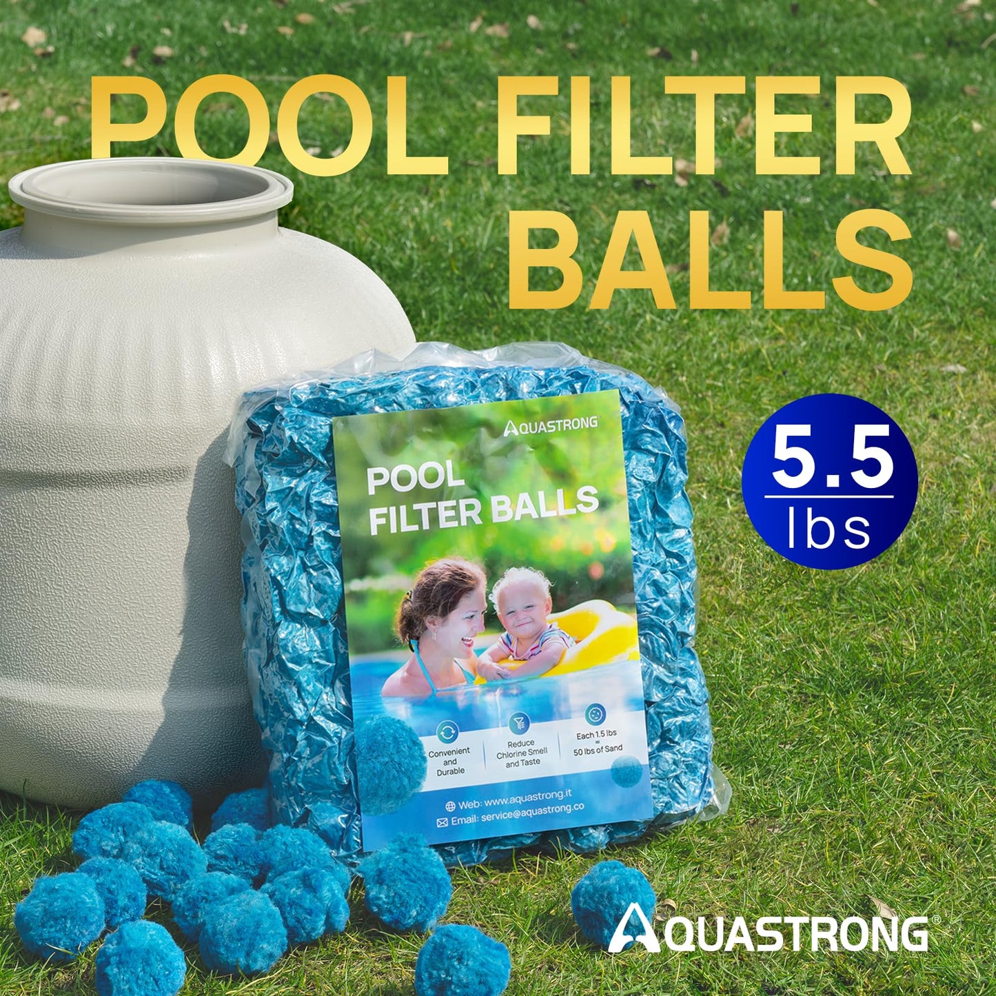 AQUASTRONG Pool Filter Balls for Sand Filter Pump, 5.5 lbs Reusable Sand Filter Balls (Replaces 200 lbs Pool Filter Sand), Efficient Blue Filter Balls for Swimming Pools, Filter Pumps, Aquariums