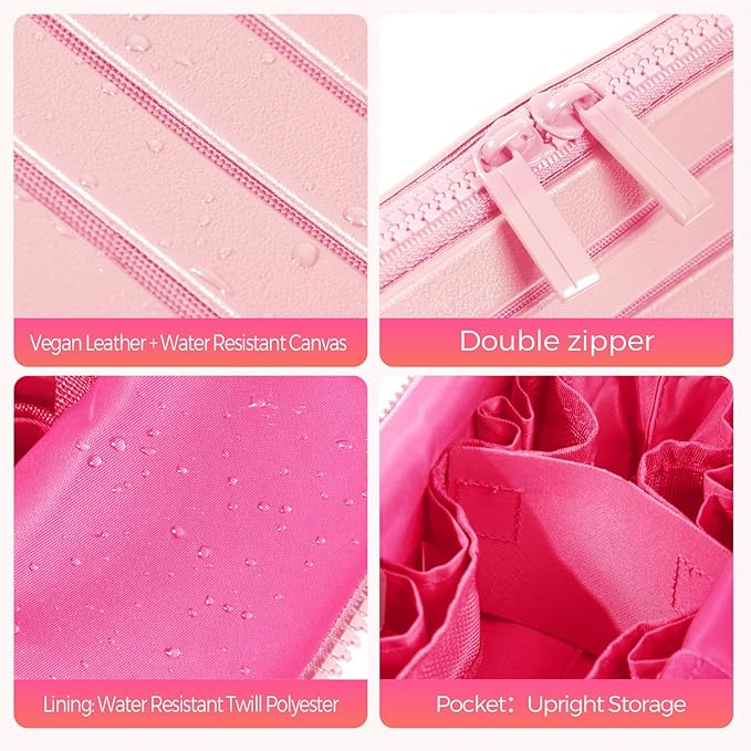 Travel Makeup Organizer Bag with Fold-Down Design and Adjustable Dividers, 27 Pockets & 3 Brush Storage Holders, Large Capacity Cosmetic Bags Toiletry Case - Pink