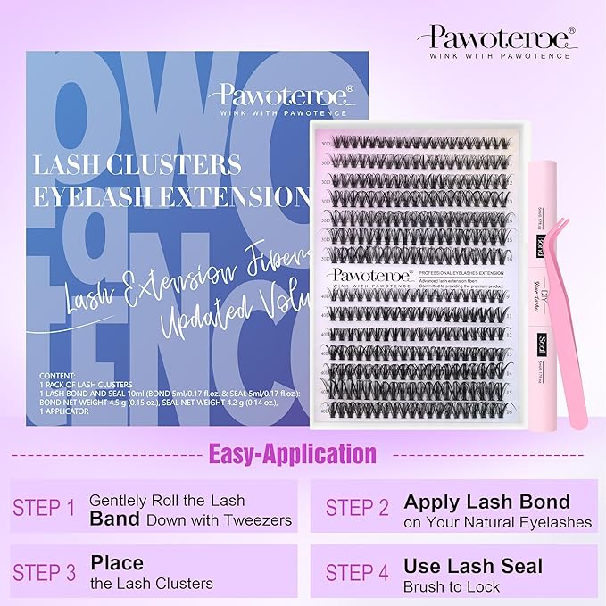 Pawotence Lash Extension Kit DIY 280pcs Lash Clusters Eyelash Extension Kit, 9-16mm 30D 40D Individual Lashes Kit with Lash Bond and Seal, Lash Tweezers for Self Use (30D&40D, 0.07D, 9-16mm, Kit)
