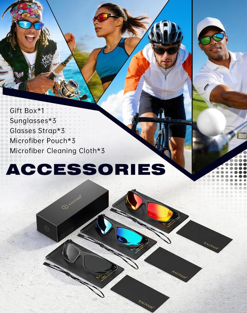 KALIYADI 3 Pack Polarized Sunglasses-Men Sports Sun-glasses: Mens Sunglasses UV Protection for Fishing Driving Cycling