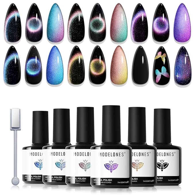 modelones Cat Eye Gel Nail Polish Set, 6 Colors Holographic Colorful Rainbow Glitter 9D Cateye Magnetic Gel Polish Black Purple Blue Green Yellow Coral Pink Nail Polish W Magnet Soak Off LED DIY Gift