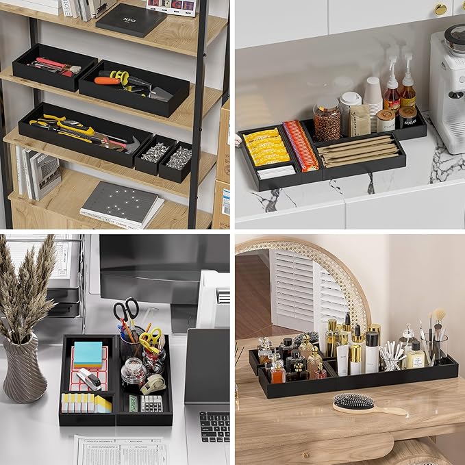 Lixple Bamboo Drawer Organizer, Cutlery Silverware Organizer for Kitchen Drawer, Stackable Utensil Organizer, 2 Pcs Flatware Organizer, Wooden Storage Box Tray (Black, 9 X 6 X 2 Inch)