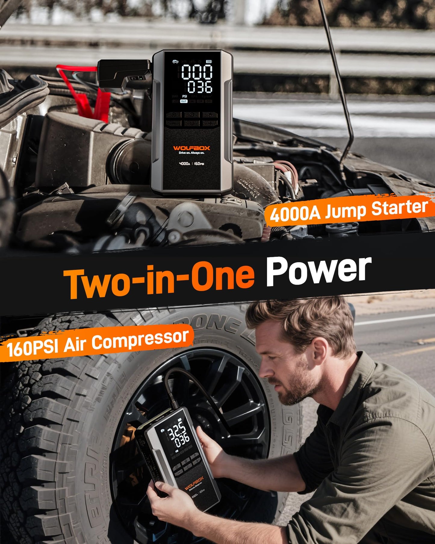 WOLFBOX 4000A Jump Starter with 160PSI Air Compressor, 12V Car Battery Booster, 88.8Wh Portable Jump Box (10.0 Gas/10.0L Diesel) with 65W Fast Charging, Tire Inflator, Jumper Cables, and LED Light