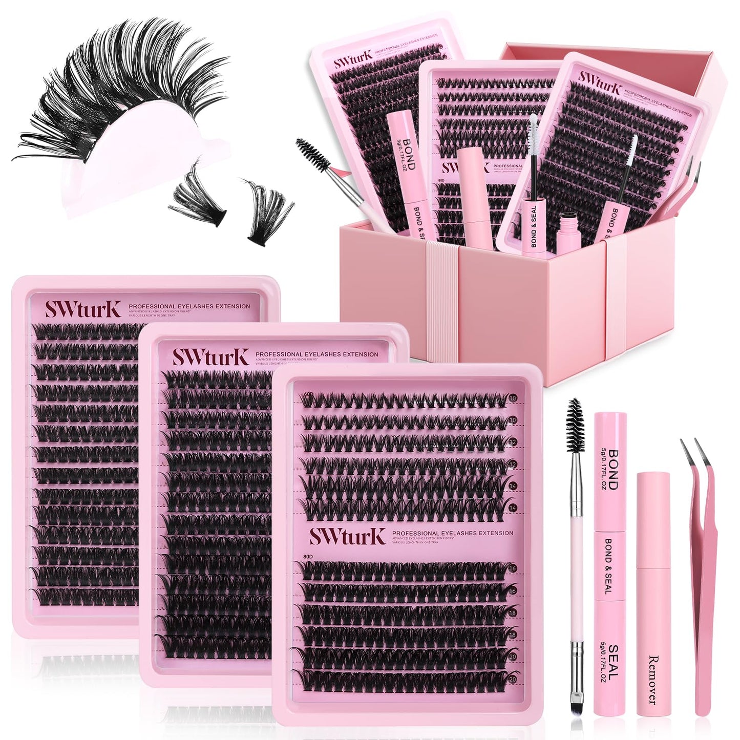 SWturK Lash Clusters Kit DIY 800pcs eyelash extension kit 3 styles 60D+80D+100D 12-20mm D curl with lash bond&sealï¼Volume Fluffy false eyelashes clusters bulk pack for beginners