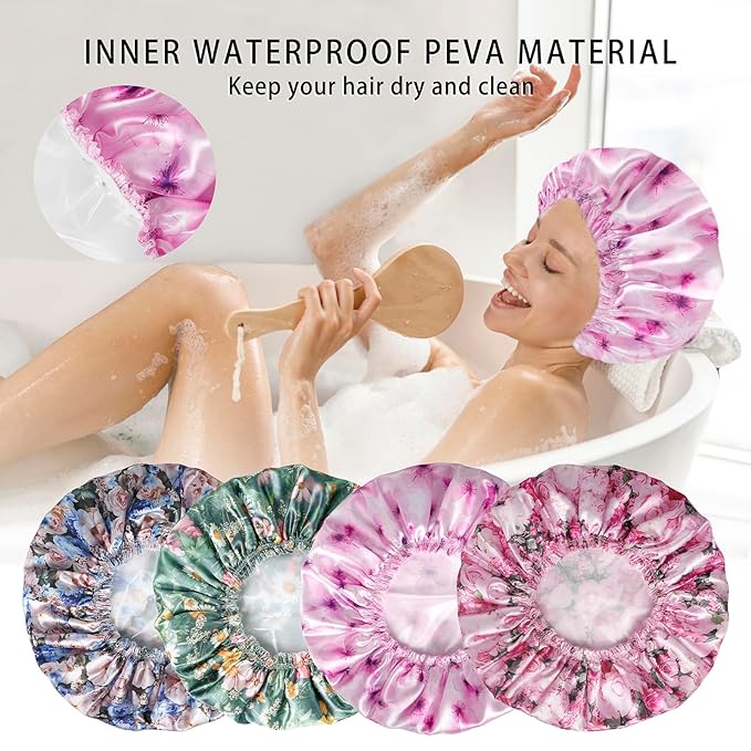 4 PCS Shower Caps for Women, 3D Printing Bath Caps, Double Layers Shower Cap Reusable Waterproof, Bathing Shower Caps, Environmental Protection Hair Bath Hat - Flower B