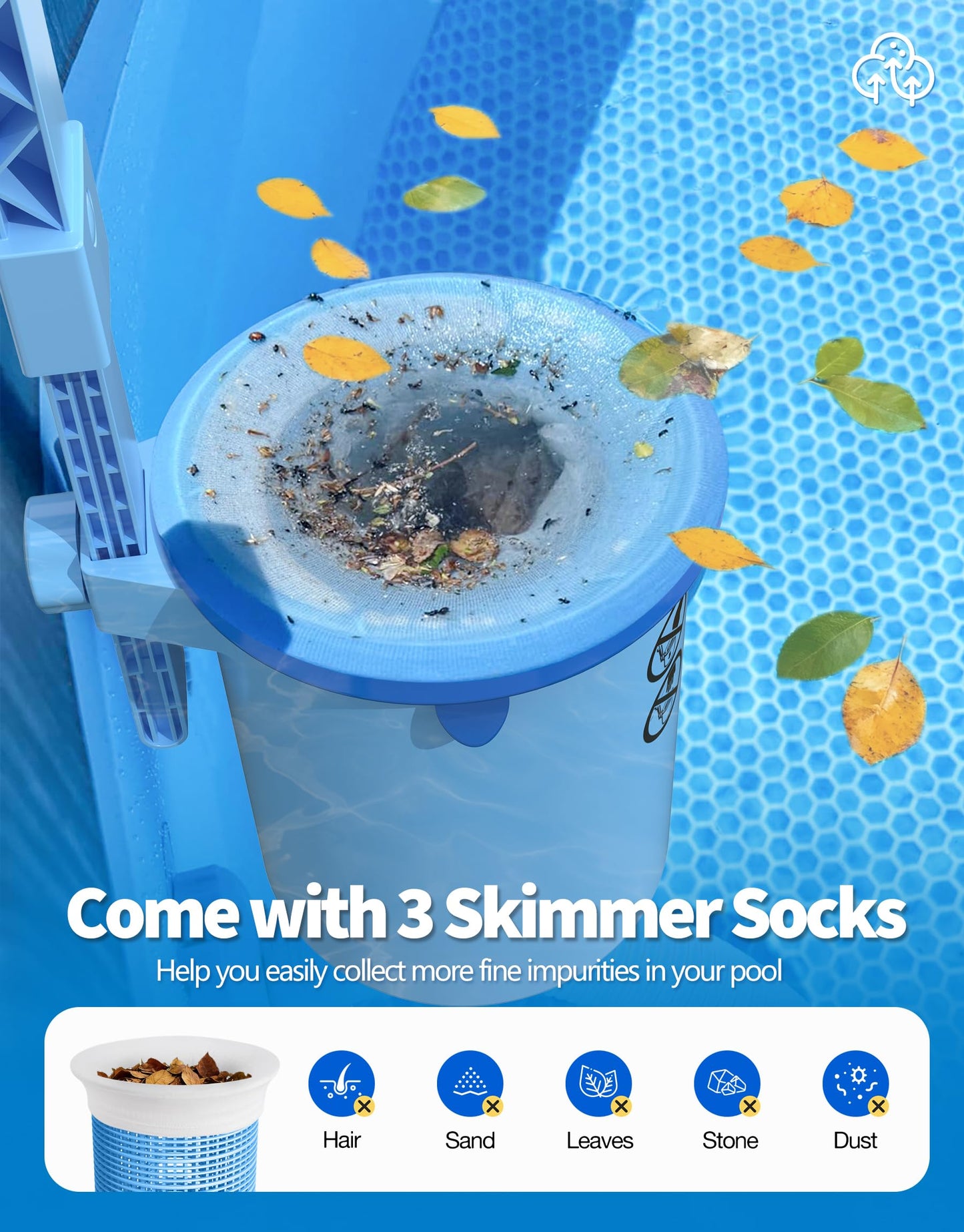 BluSwim 2026 Above Ground Pool Surface Skimmer Come with 3 Filter Socks, Enhanced Structure & Thickened Brackets Wall Mount Pool Skimmer, Floating Top Skimmers - Auto Skimming Water Surface Debris