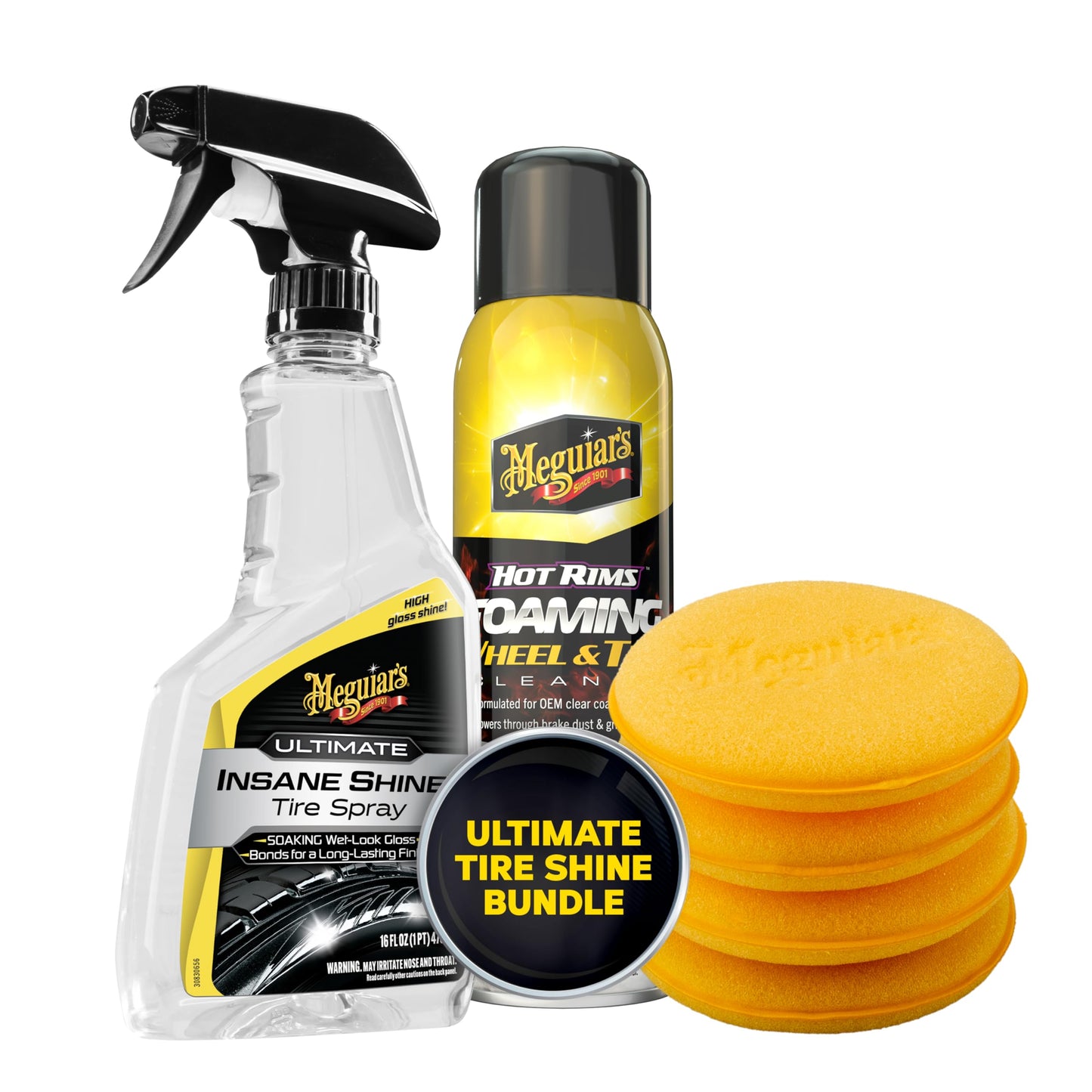 Meguiar's Ultimate Insane Shine Tire Spray Bundle with Hot Rims Foaming Wheel & Tire Cleaner and 4 Applicator Pads