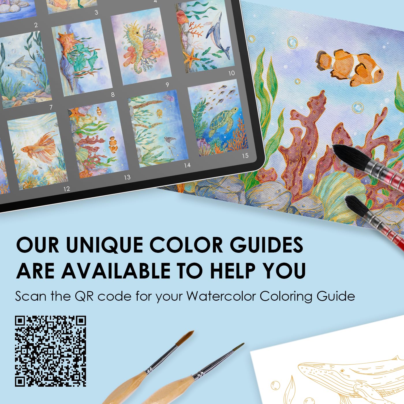 Grabie Watercolor Coloring Book, 15 Sheets A5 (8.3 x 5.8),Watercolor Book for Adults: Ignite Your Artistic Expression on 100% Cotton Paper (Ocean)