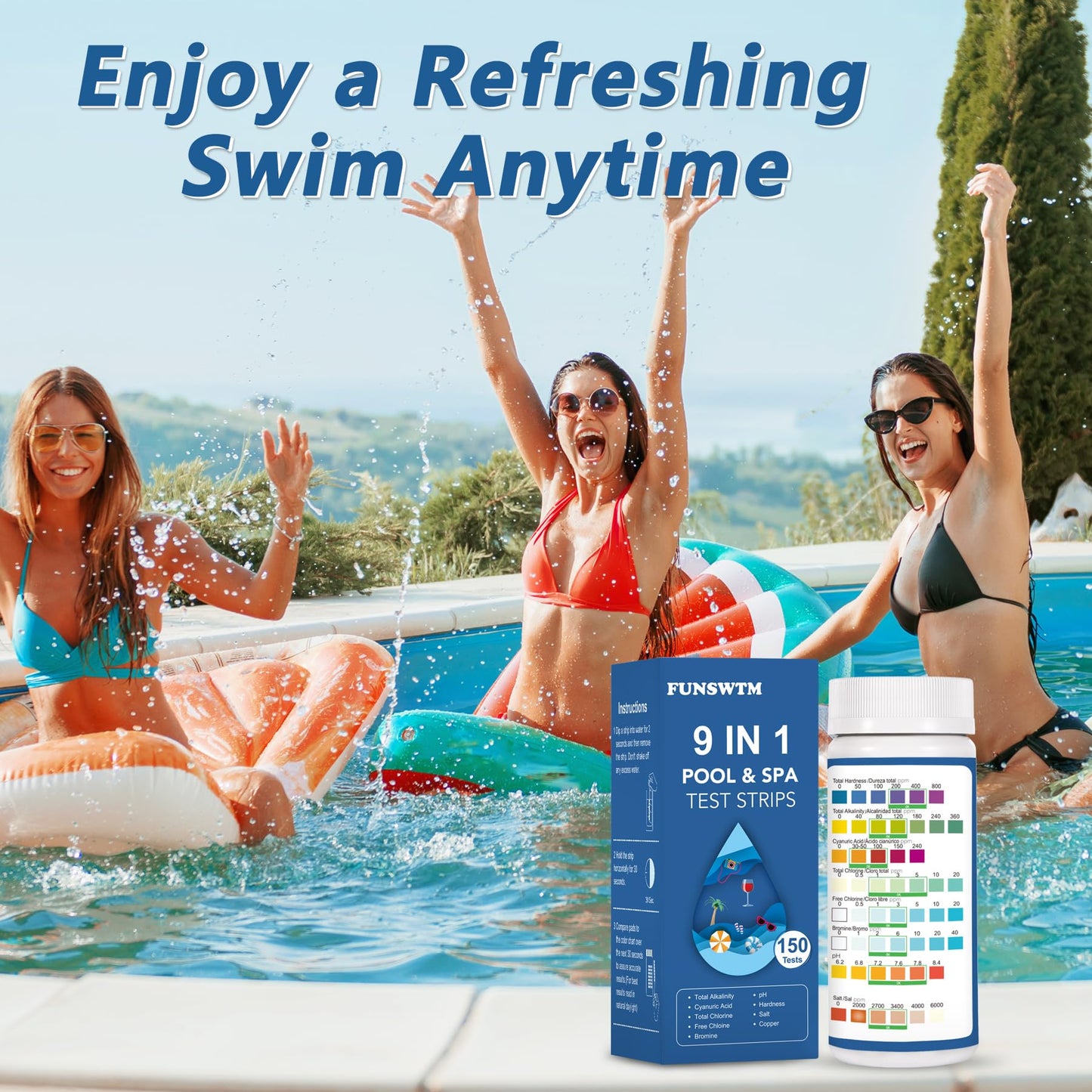 2026 New Pool Test Strips - 9 in 1 Pool Salt Test Strips 150 Counts for Salt Water Pool Testing Kit for Salt Level (0-6000ppm) Copper GH pH Bromine Cyanuric Acid for for Swimming Pool Spa Hot Tub