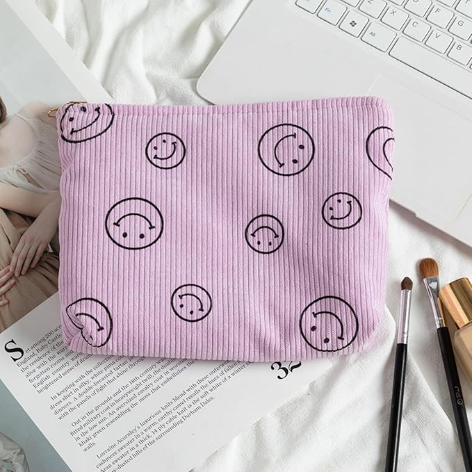 Cosmetic Bags for Women - Corduroy Cosmetic Bag Aesthetic Women Handbags Purses Smile Dots Makeup Organizer Storage Makeup Bag Girls Case Bags (Double Purple Green)