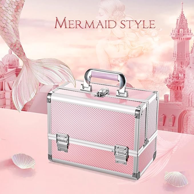 Joligrace Pink Makeup Train Case, 3-Tier Makeup Box Organizer and Portable Makeup Organizer Box, Hard Makeup Case with Mirror and Lock, Professional Makeup Case for Women, 11.8" x 9.1" x 7.1"