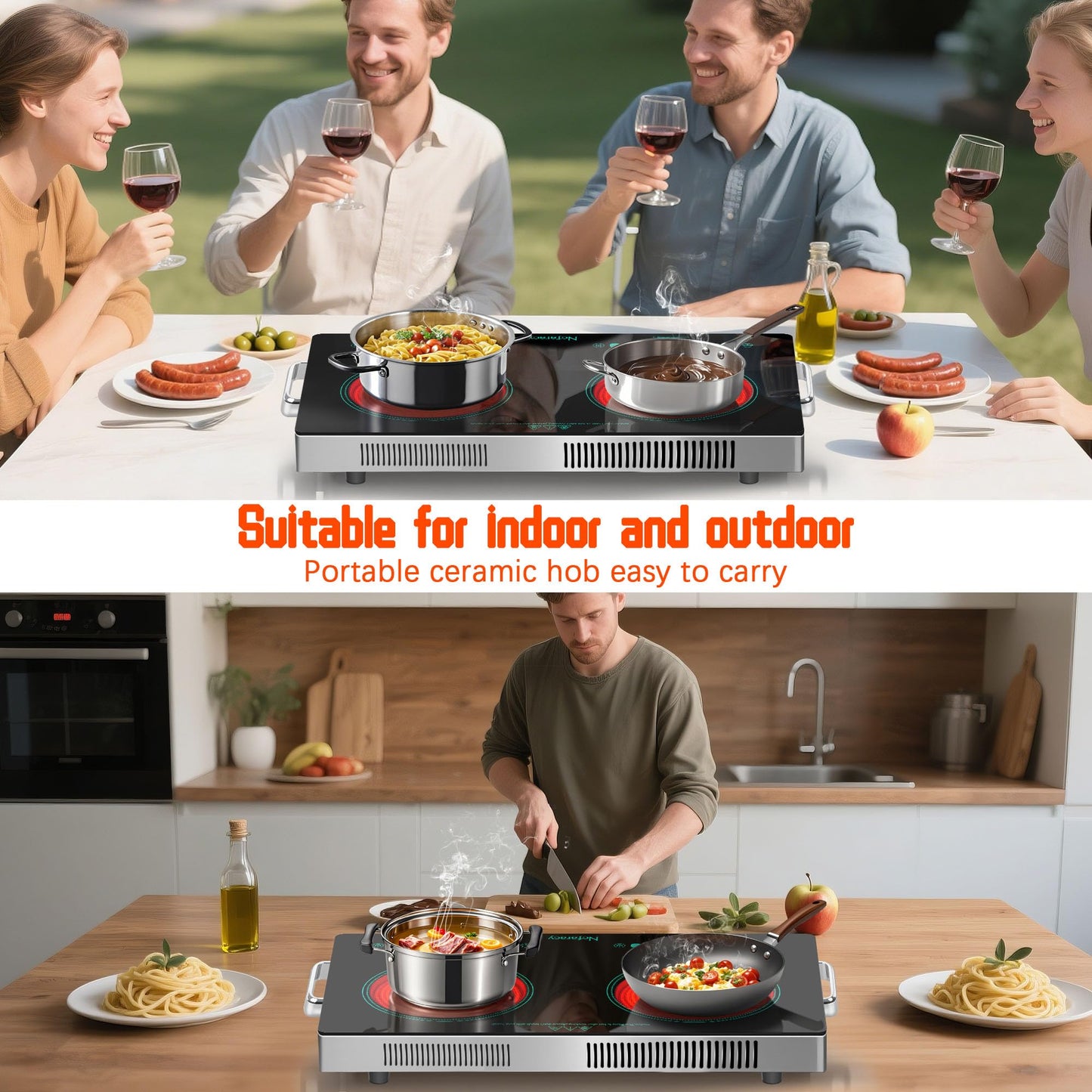 2 Burner Electric Cooktop 24 Inch, 110V 2000W Portable Electrics Stove Top with Handle, 9 Power Settings, Senor Touch & Knob Control, Safety Lock, Timer, 110-120V Plug in (2 Burner Green)
