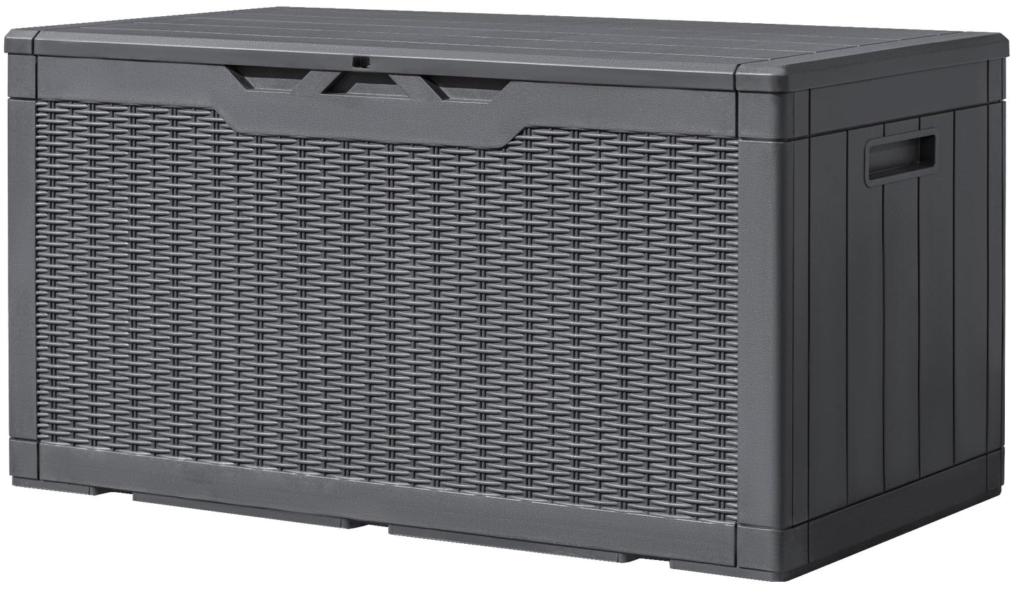 Greesum 100 Gallon Resin Deck Box Large Outdoor Storage, Imitation Rattan Weave Texture for Patio Furniture, Garden Tools, Pool Supplies, Weatherproof and UV Resistant, Lockable, Gray