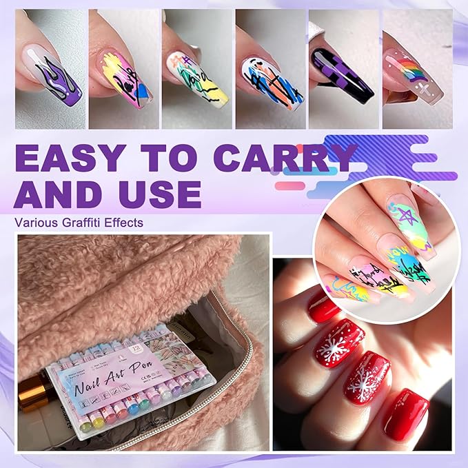 12 Color Nail Art Pens, 0.5 MM 3D Nail Polish Pens Set Drawing Painting Point Liner Acrylic Painted Pen Kit, Waterproof and Quick-drying Nail for DIY Nails Art Design Manicure Tools