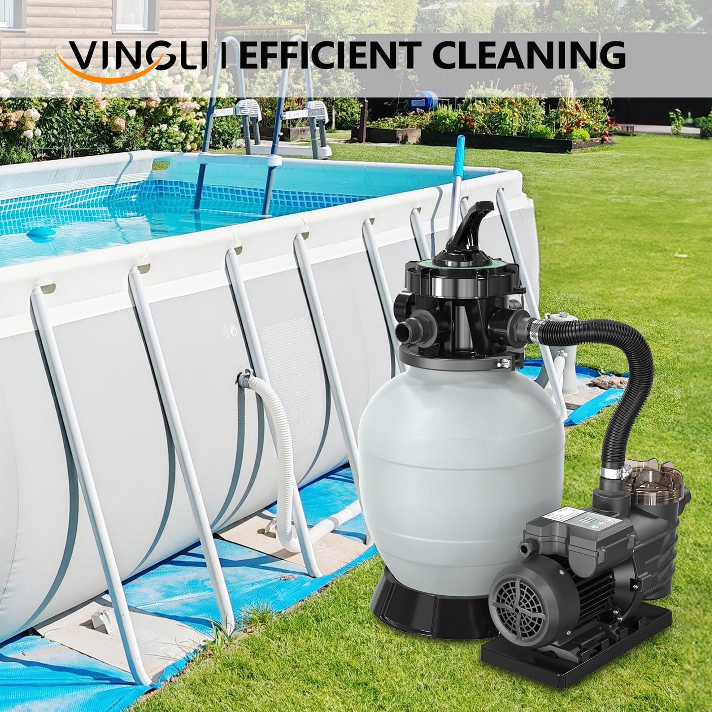 VINGLI (24H Timer) 12 in Sand Filter Pump with Filter Balls, 1585 GPH 1/2 HP High Efficiency Pool Pump with 7-Way Valve for Above Ground Swimming Pools Up to 8000 Gallons