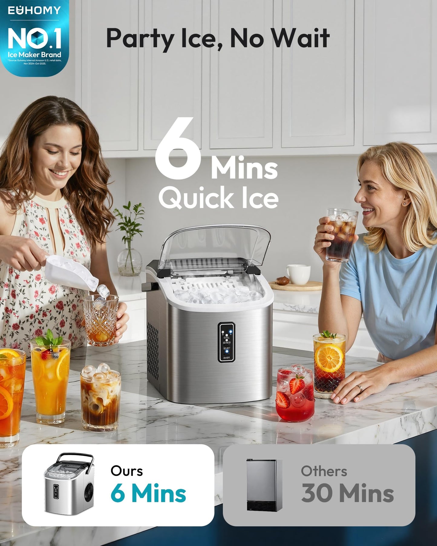EUHOMY Ice Maker Countertop, 9 Cubes Ready in 6 Mins, 26lbs/24H, Self-Cleaning, Portable Ice Maker Machine with Carry Handle, Basket and Scoop, 2 Sizes of Bullet Ice for Home, Kitchen, Office