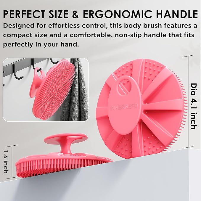 INNERNEED Food-Grade Soft Silicone Body Scrubber Shower Brush Handheld Cleansing Skin Brush, with Exfoliating Net Sponge Case (Pink Brush)