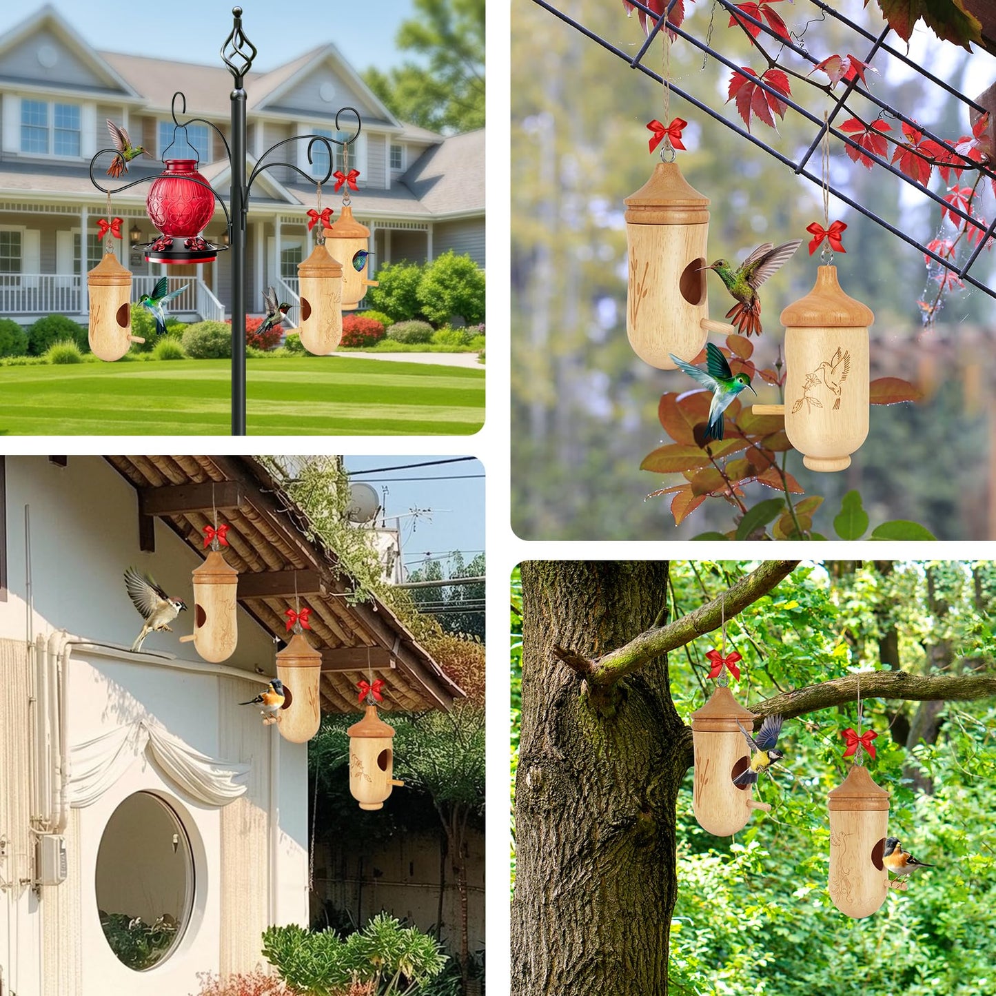 Hummingbird House, Small Hummingbird Houses for Outside, Wooden Bird House with Bow, String, Cute Gardening Gifts Home Decoration