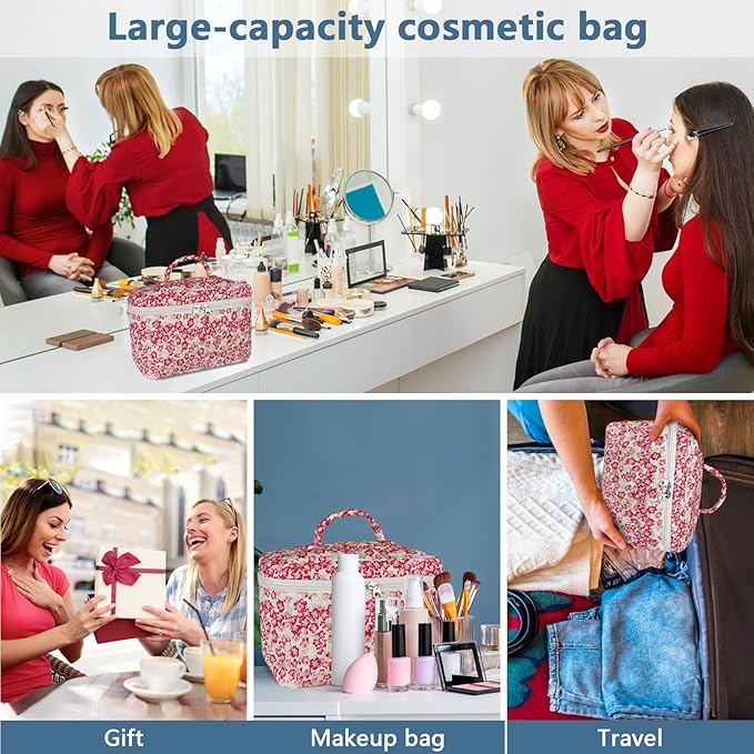 Gosect 1pc Large Makeup Bag, Cute Cosmetic Bag for Women Girls, Floral Coquette Aesthetic Toiletry Bag, Travel Make Up Organizer Bag (Red Small Flower