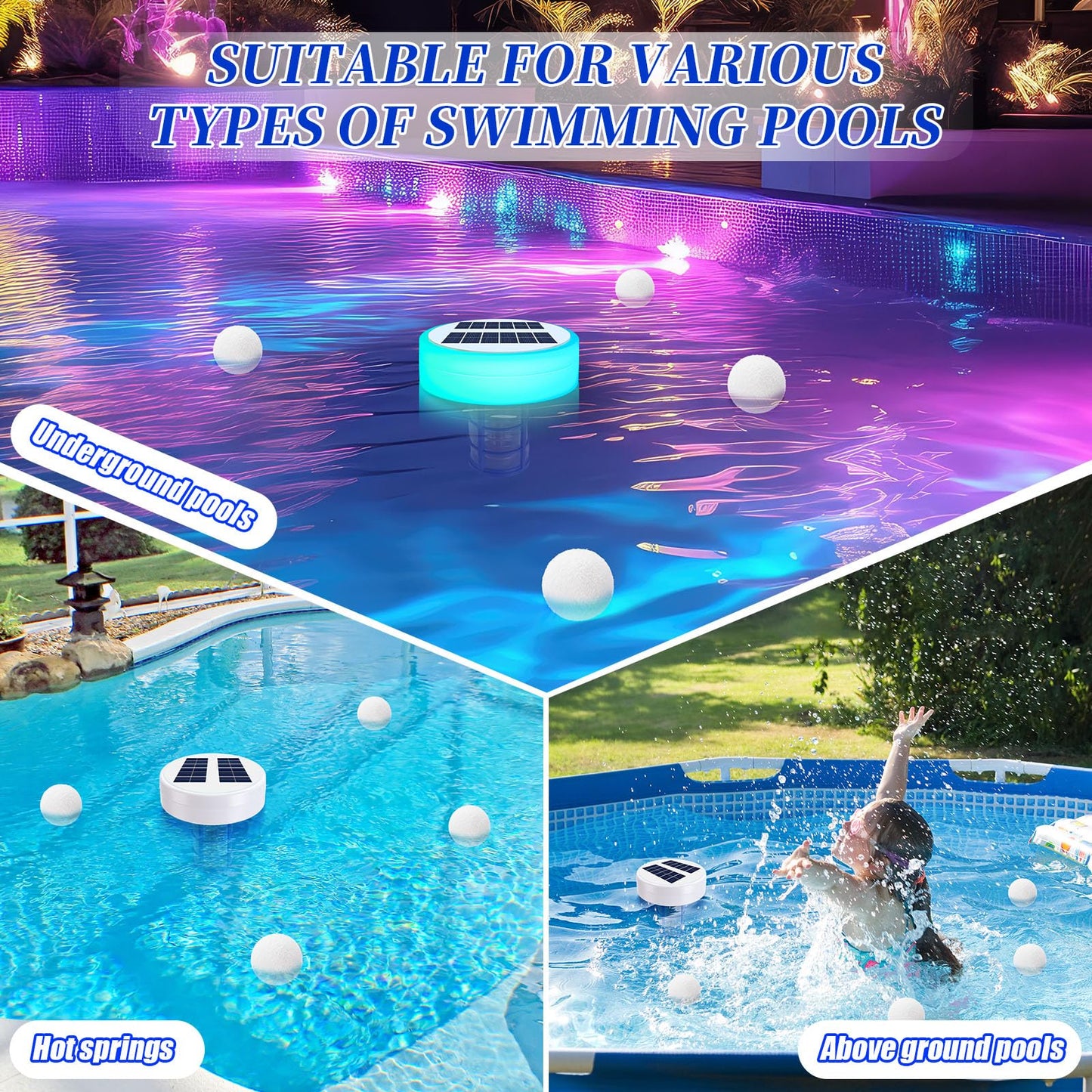 Qualirey Solar Pool Ionizer, Automatic Floating Copper Ionizer to Less Chlorine, Pool Water Purifier with LED Light & Scum Eliminating Balls, for Above Ground & Inground Pools up to 35, 000 Gallons
